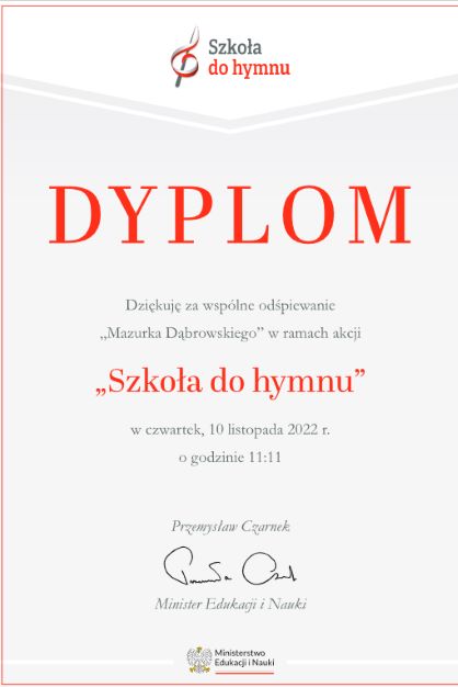 certyfikat udziału w akcji "Szkoła do hymnu"